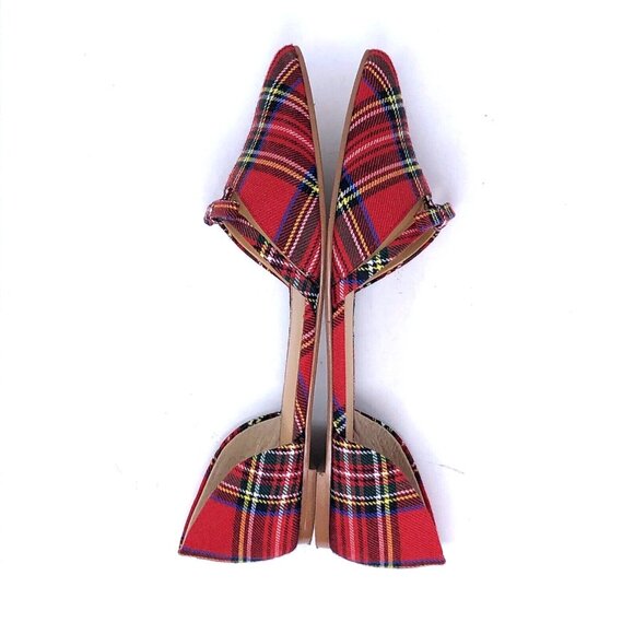 J Crew Shoes Womens 7.5 Red Tartan Dorsay Flats Mini Bow Slip Ons Pointed Toe - Picture 5 of 10